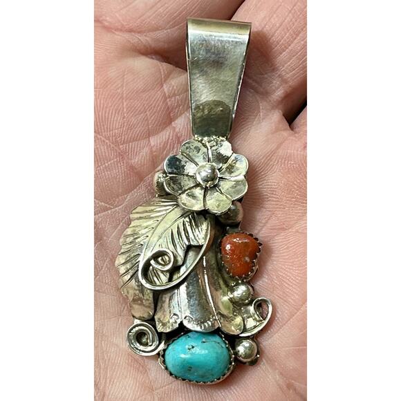 Large Vintage Native Navajo Turquoise Coral Sterling Silver Pendant 2.5” Signed - Picture 11 of 13